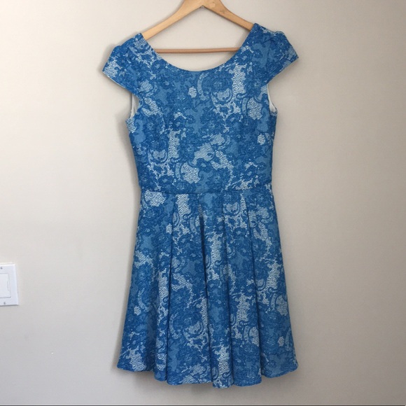 Betsey Johnson Blue Damask Cap Sleeve Flare Dress
